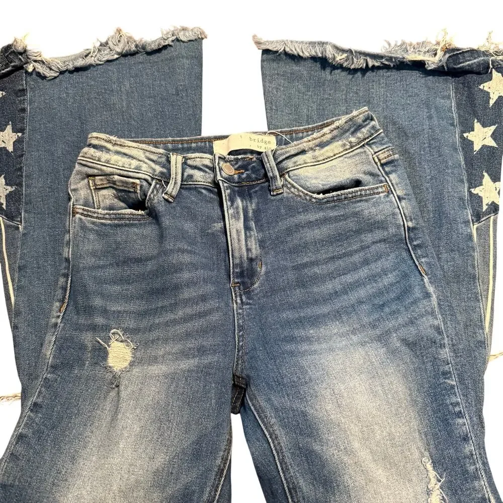 Bridge by GLY High Rise Super Flare Patriotic Jeans, Star Distressed, Size 27 - Picture 5 of 9